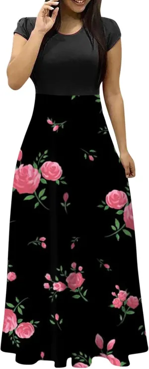 Women's Crew Neck Boho Maxi Dress Casual Elegant Short Sleeve Dress Floral Printed 2025 Spring Summer Dresses