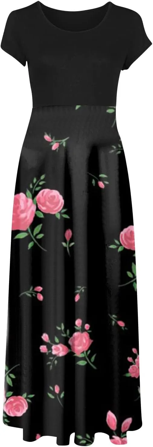 Women's Crew Neck Boho Maxi Dress Casual Elegant Short Sleeve Dress Floral Printed 2025 Spring Summer Dresses