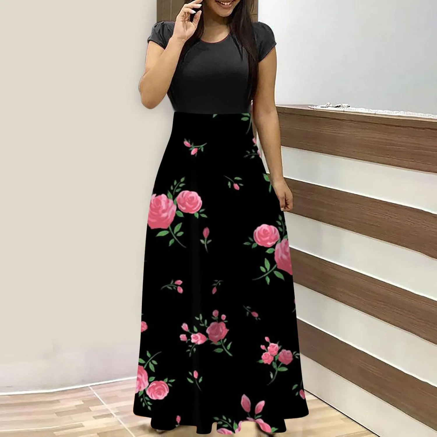 Women's Crew Neck Boho Maxi Dress Casual Elegant Short Sleeve Dress Floral Printed 2025 Spring Summer Dresses