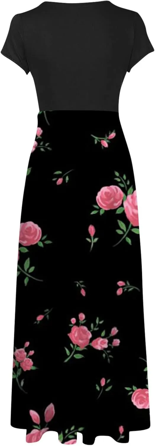 Women's Crew Neck Boho Maxi Dress Casual Elegant Short Sleeve Dress Floral Printed 2025 Spring Summer Dresses