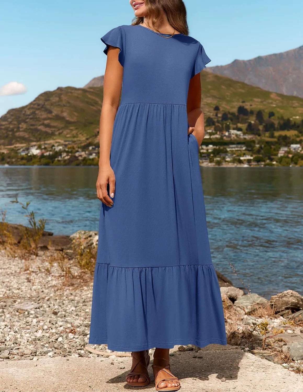 Womens Crew Neck Flutter Sleeve Boho Midi Dress Smocked A-Line Flowy Tiered Modest Midi Sundress