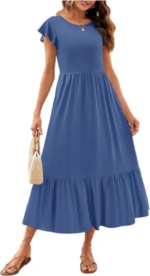 Womens Crew Neck Flutter Sleeve Boho Midi Dress Smocked A-Line Flowy Tiered Modest Midi Sundress