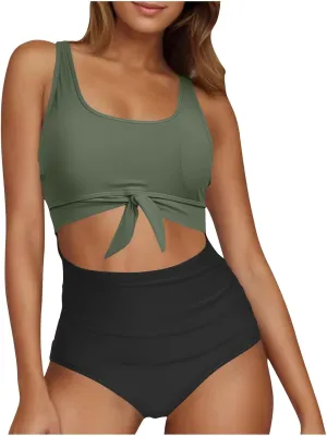 Women's Cut Out One Piece Swimsuit Tummy Control Fashion Bathing Suit Beach Vacation Tie Knot Tankini Swimwear 2025