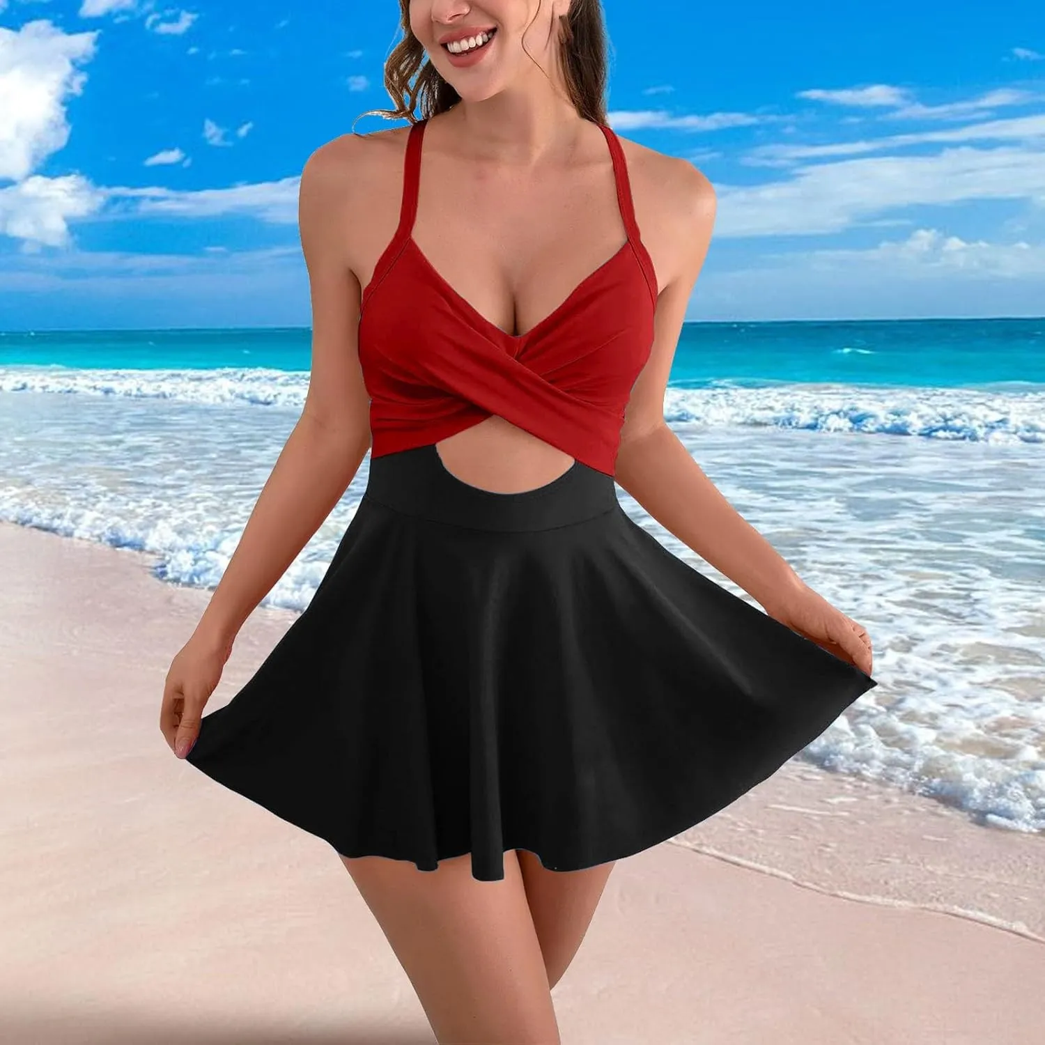Womens Cutout One Piece Swim Dress V Neck Wrap Tie Back Sexy Monokini Tummy Control Bathing Suits 2024 Trendy Swimsuit