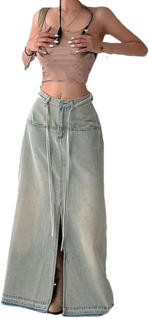 Women's Denim Distressed Long Skirts Vintage Lace-Up Low Waist Streetwear Skirt
