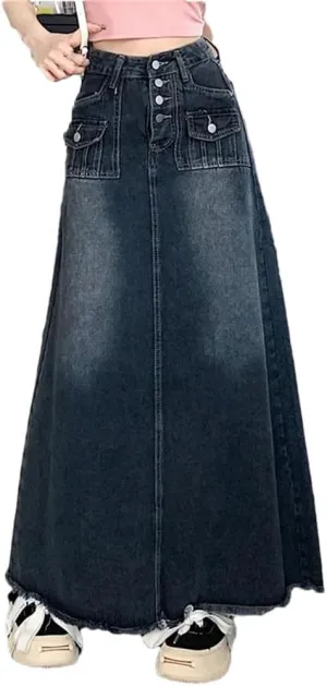 Women's Denim Skirt Frayed Hem Pocket High Waist Long Jeans Loose Skirts