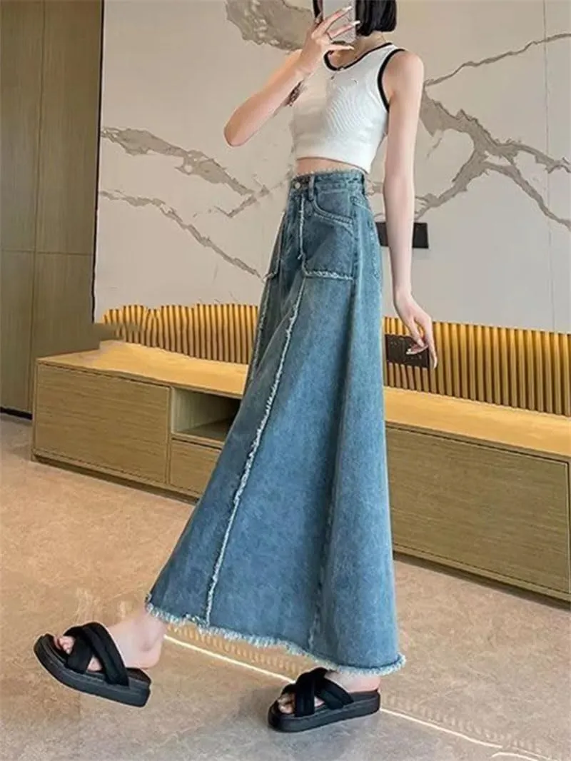 Women's Denim Skirts Casual A-Line Streetwear Solid Maxi Skirt