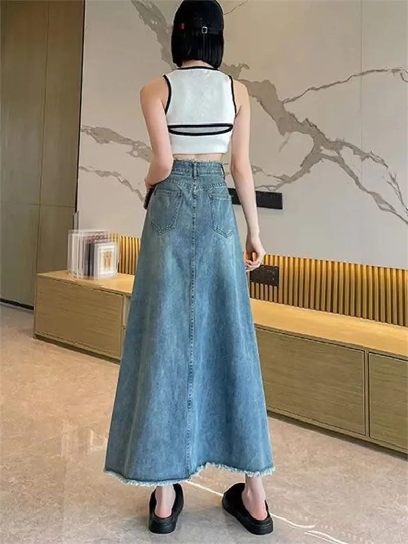 Women's Denim Skirts Casual A-Line Streetwear Solid Maxi Skirt