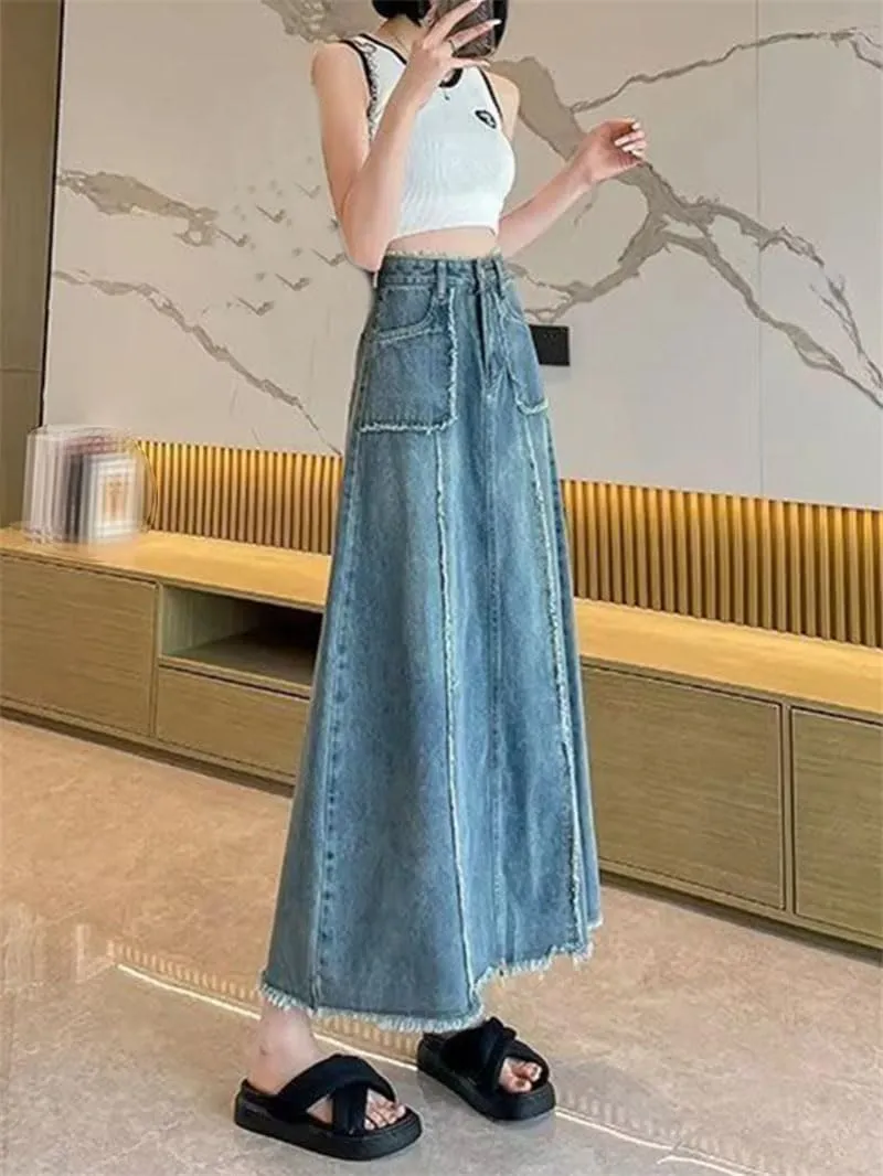Women's Denim Skirts Casual A-Line Streetwear Solid Maxi Skirt