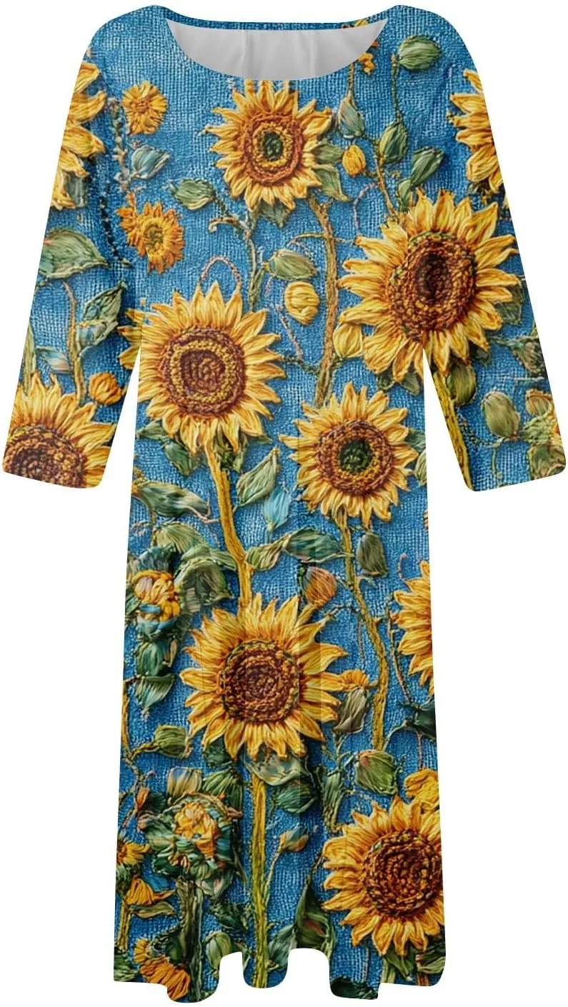 Womens Dresses Casual Spring 3/4 Sleeve A Line Dress Floral Print Midi Dress Summer Pleated Dresses with Pocket