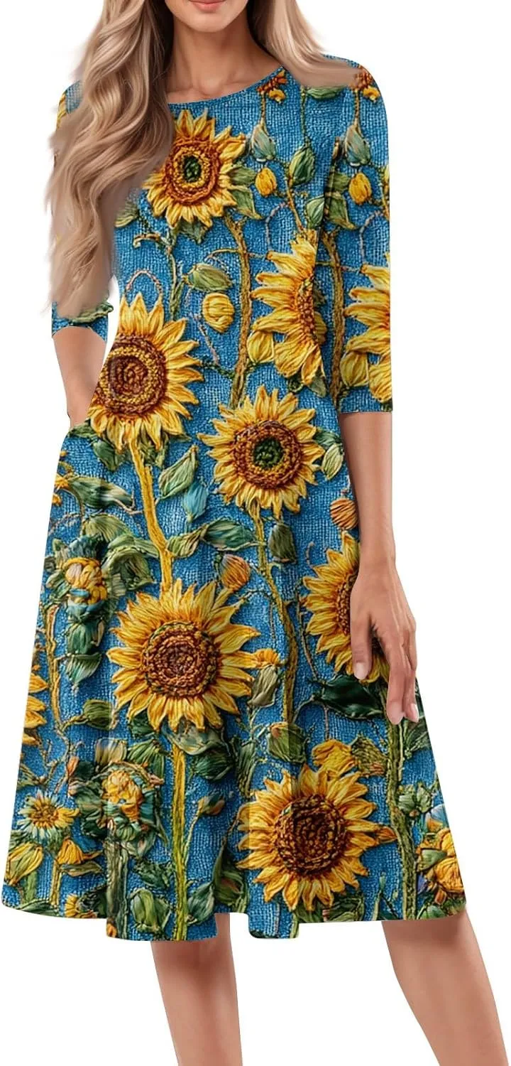 Womens Dresses Casual Spring 3/4 Sleeve A Line Dress Floral Print Midi Dress Summer Pleated Dresses with Pocket