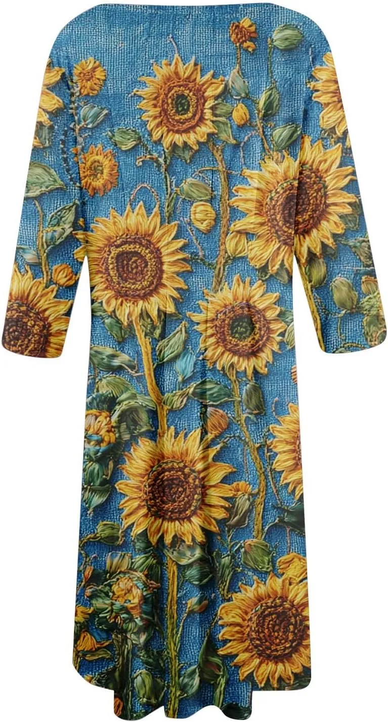 Womens Dresses Casual Spring 3/4 Sleeve A Line Dress Floral Print Midi Dress Summer Pleated Dresses with Pocket