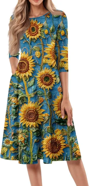 Womens Dresses Casual Spring 3/4 Sleeve A Line Dress Floral Print Midi Dress Summer Pleated Dresses with Pocket