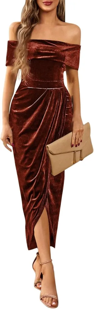 Women's Elegant Velvet Bodycon Wrap Off The Shoulder Dresses Formal Sexy Slit Ruched Cocktail Party Long Dress