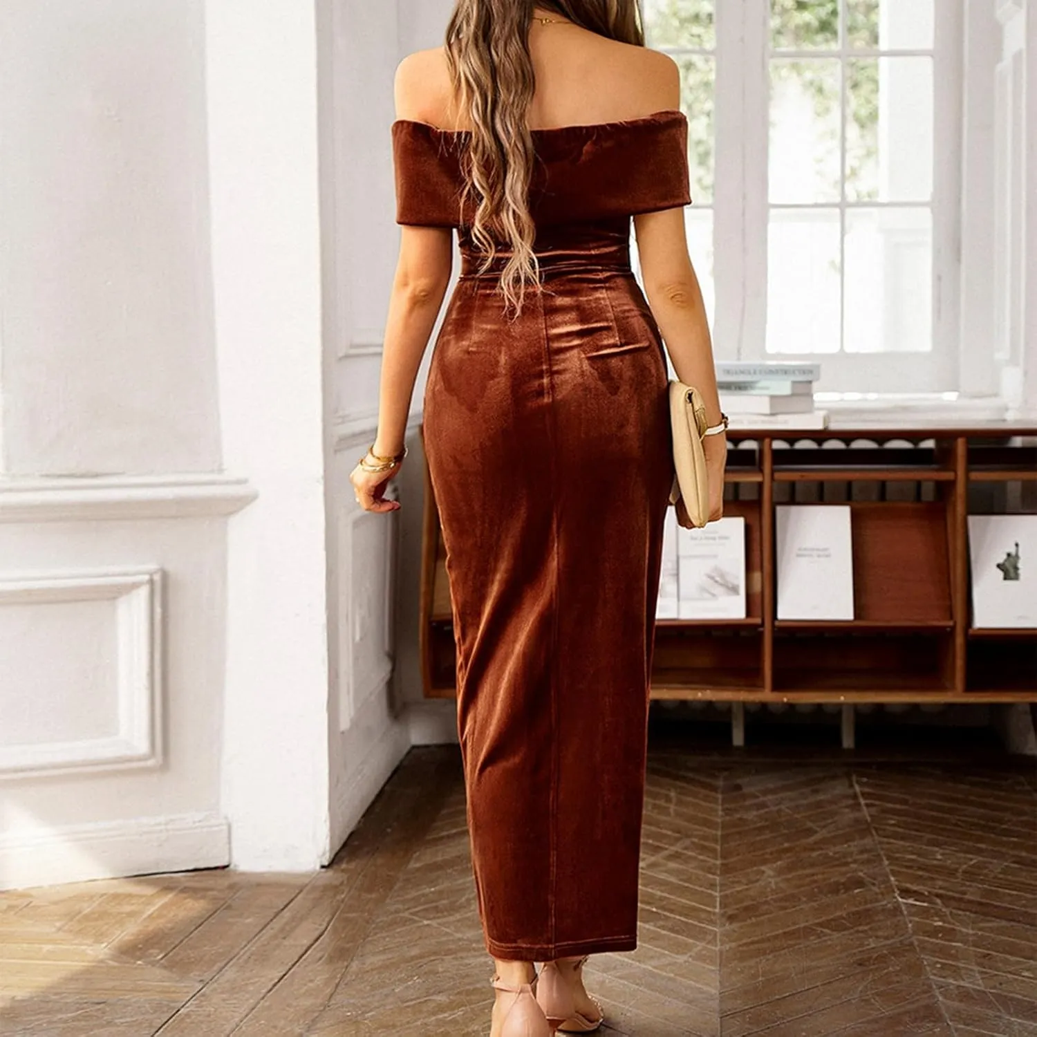 Women's Elegant Velvet Bodycon Wrap Off The Shoulder Dresses Formal Sexy Slit Ruched Cocktail Party Long Dress
