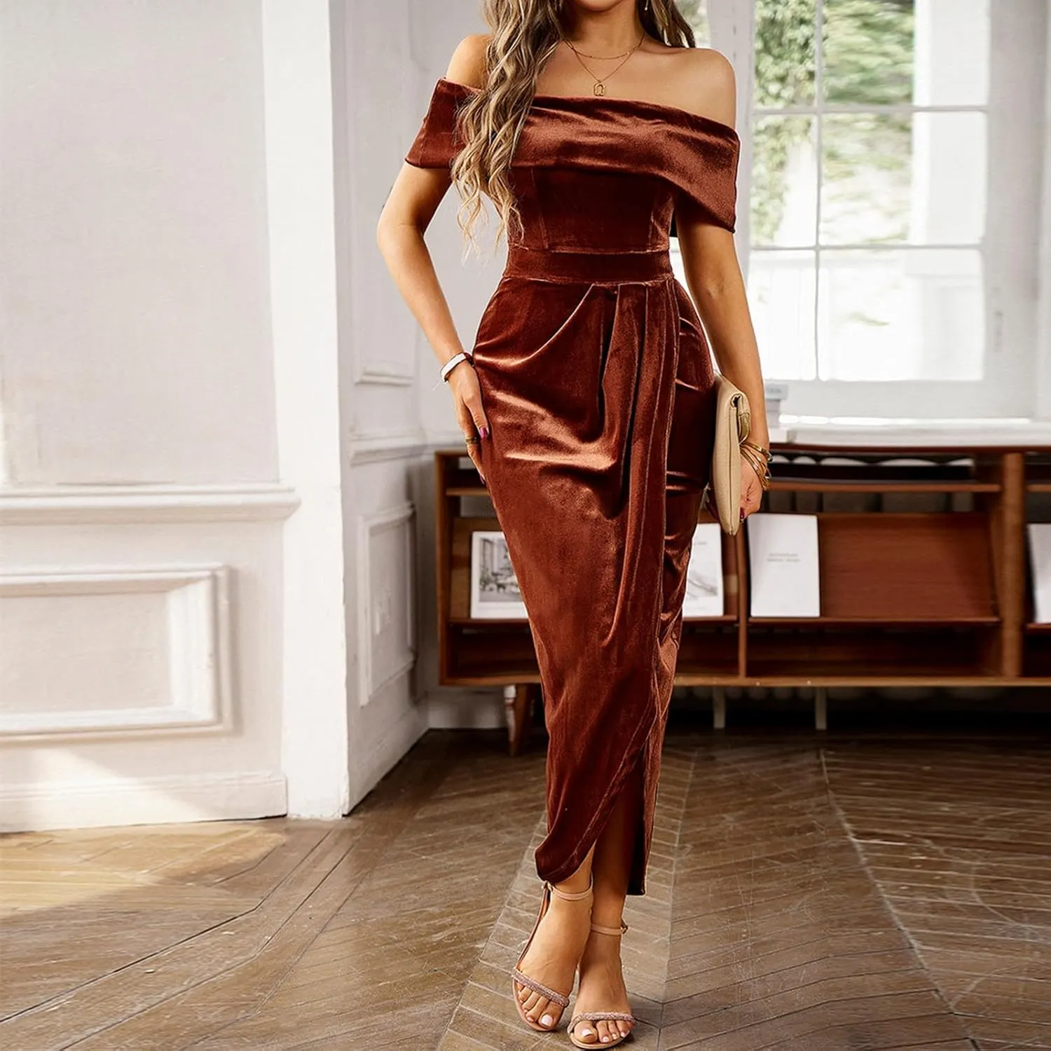 Women's Elegant Velvet Bodycon Wrap Off The Shoulder Dresses Formal Sexy Slit Ruched Cocktail Party Long Dress