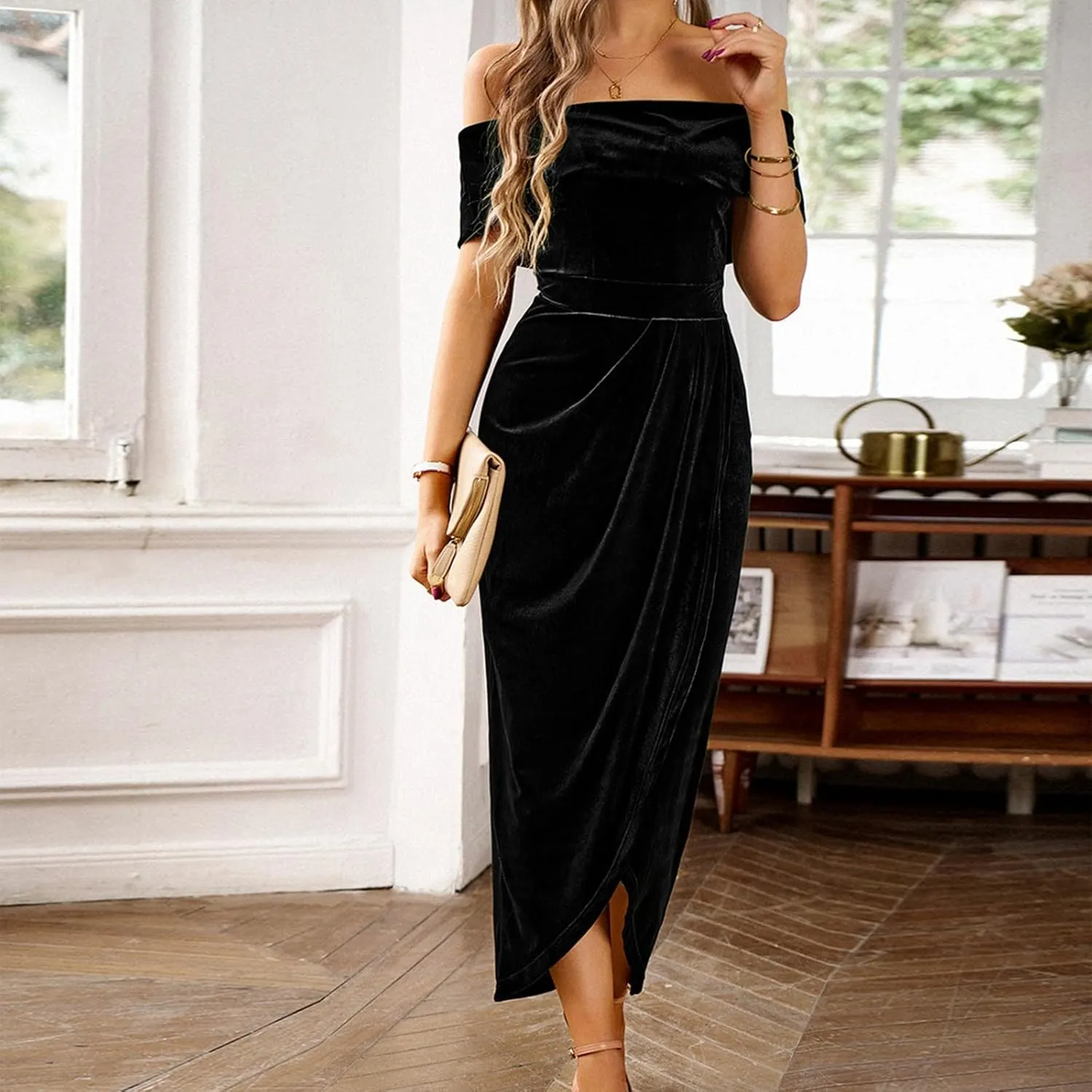 Women's Elegant Velvet Bodycon Wrap Off The Shoulder Dresses Formal Sexy Slit Ruched Cocktail Party Long Dress