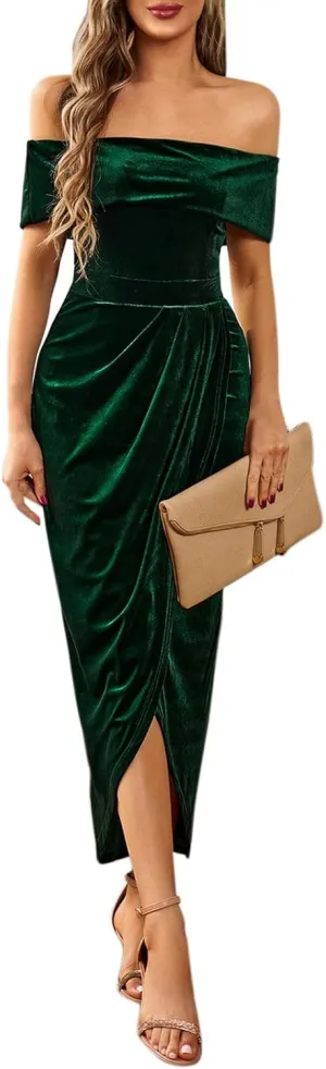 Women's Elegant Velvet Bodycon Wrap Off The Shoulder Dresses Formal Sexy Slit Ruched Cocktail Party Long Dress