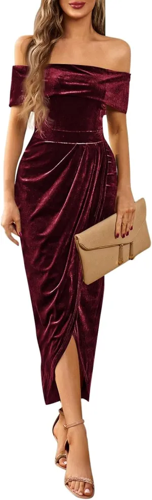 Women's Elegant Velvet Bodycon Wrap Off The Shoulder Dresses Formal Sexy Slit Ruched Cocktail Party Long Dress