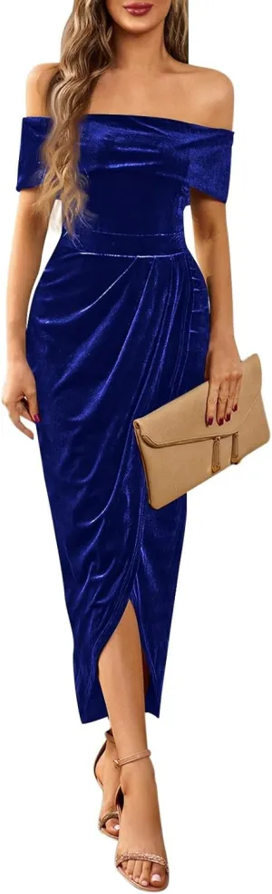 Women's Elegant Velvet Bodycon Wrap Off The Shoulder Dresses Formal Sexy Slit Ruched Cocktail Party Long Dress
