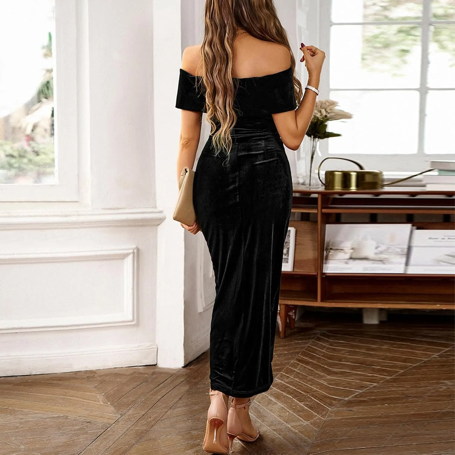 Women's Elegant Velvet Bodycon Wrap Off The Shoulder Dresses Formal Sexy Slit Ruched Cocktail Party Long Dress