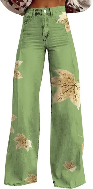 Women's Flare Jeans Wide Leg Baggy Pant 2025 Vintage Floral Print High Waisted Straight Stretch Pants with Pockets