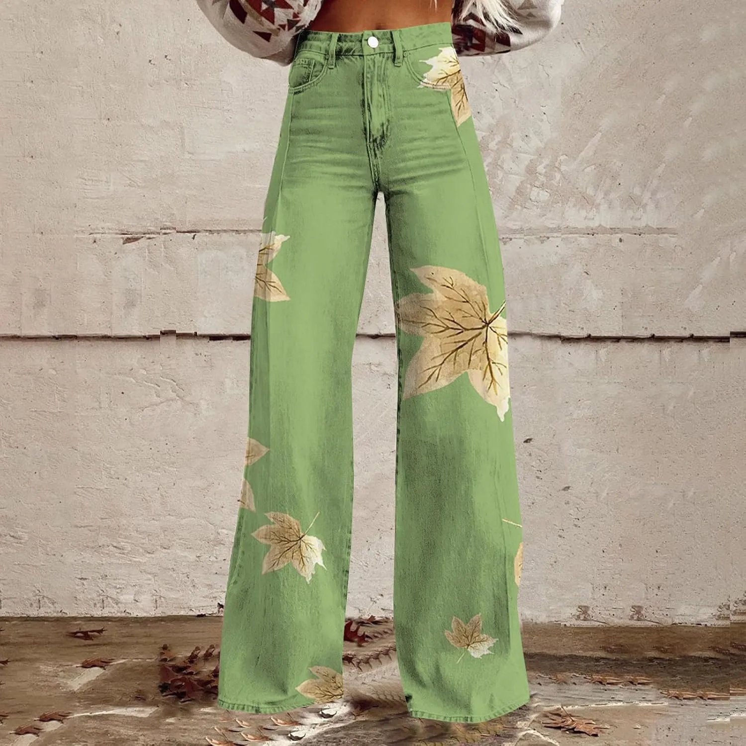 Women's Flare Jeans Wide Leg Baggy Pant 2025 Vintage Floral Print High Waisted Straight Stretch Pants with Pockets