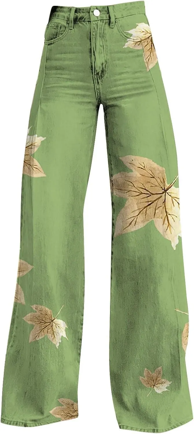 Women's Flare Jeans Wide Leg Baggy Pant 2025 Vintage Floral Print High Waisted Straight Stretch Pants with Pockets