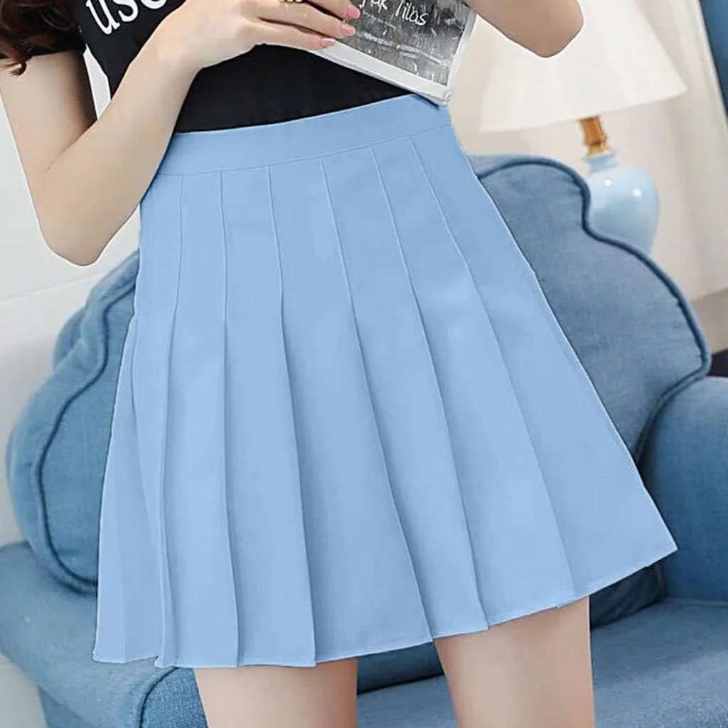 Womens Flared Skater Mini Skirts Elastic High Waist Pleated Skirt Casual Slim Tennis Skirt Trendy A Line Cute Skirt