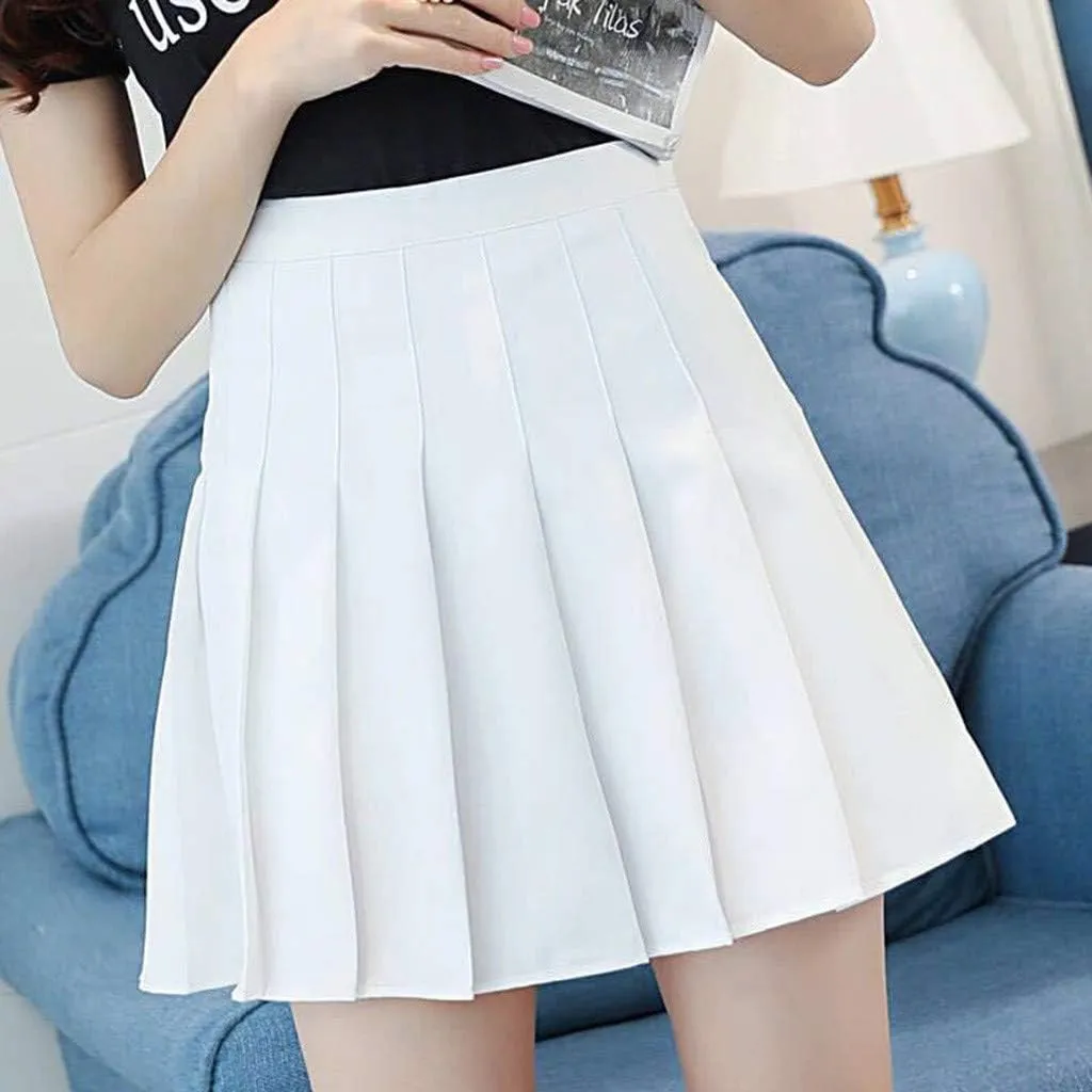 Womens Flared Skater Mini Skirts Elastic High Waist Pleated Skirt Casual Slim Tennis Skirt Trendy A Line Cute Skirt