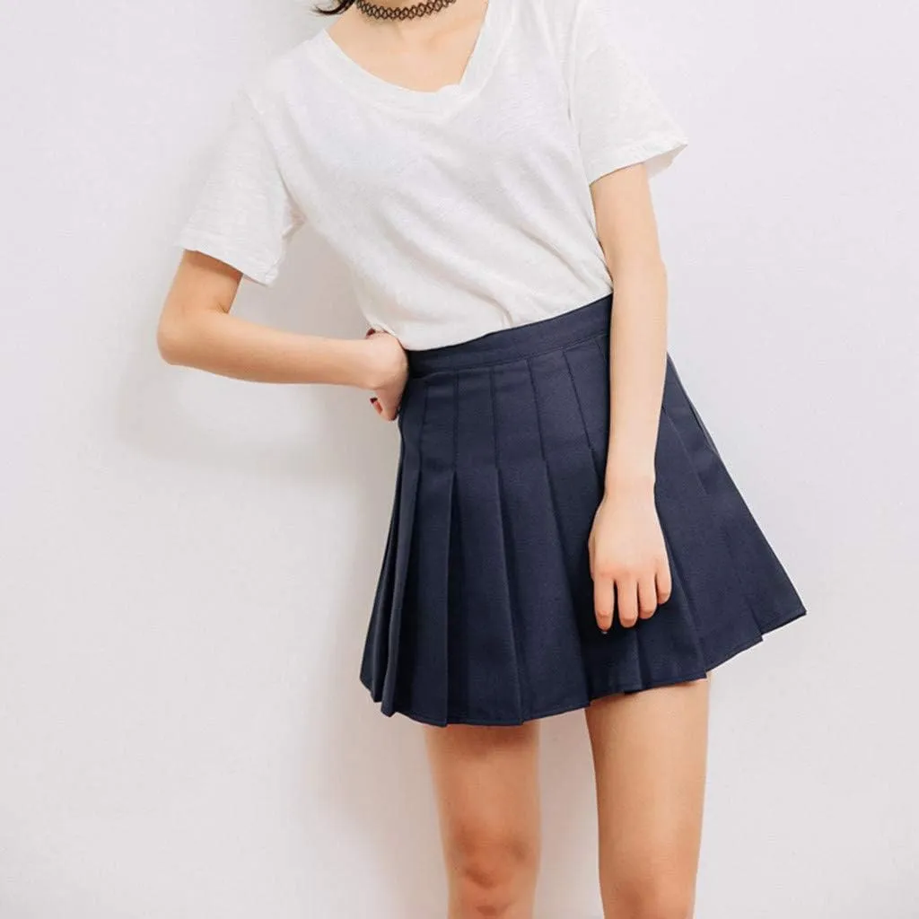 Womens Flared Skater Mini Skirts Elastic High Waist Pleated Skirt Casual Slim Tennis Skirt Trendy A Line Cute Skirt