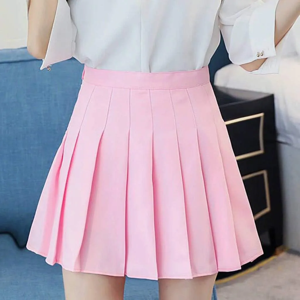 Womens Flared Skater Mini Skirts Elastic High Waist Pleated Skirt Casual Slim Tennis Skirt Trendy A Line Cute Skirt