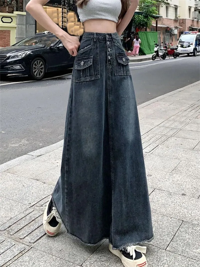Women's Floor-Length Vintage Denim Skirt Maxi Long High Waist Jean Washed Skirts