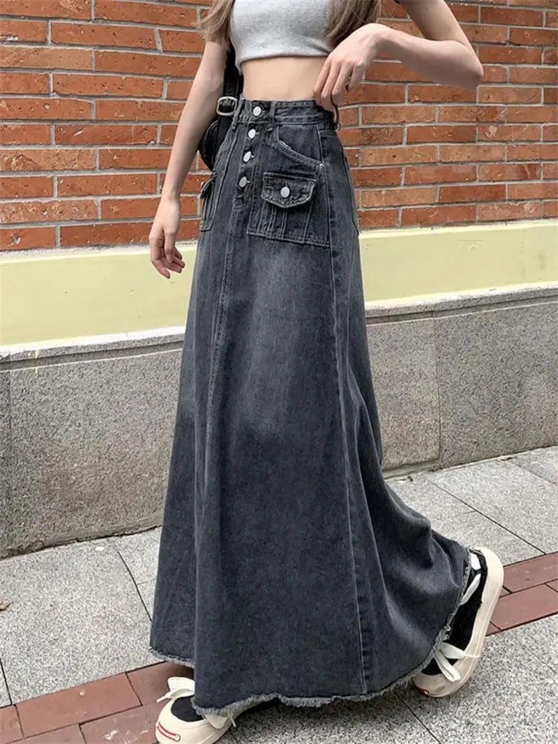 Women's Floor-Length Vintage Denim Skirt Maxi Long High Waist Jean Washed Skirts