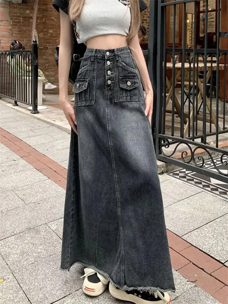 Women's Floor-Length Vintage Denim Skirt Maxi Long High Waist Jean Washed Skirts