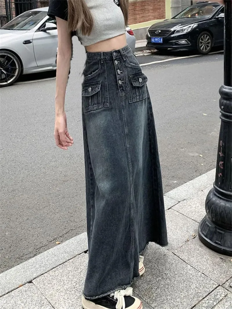 Women's Floor-Length Vintage Denim Skirt Maxi Long High Waist Jean Washed Skirts