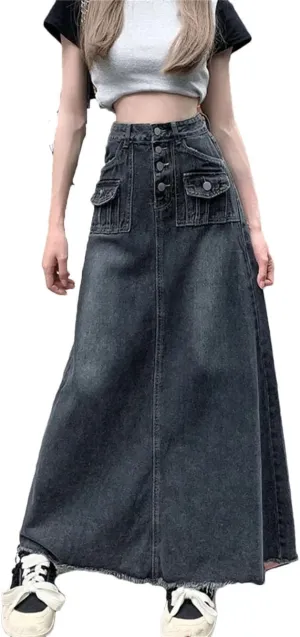 Women's Floor-Length Vintage Denim Skirt Maxi Long High Waist Jean Washed Skirts