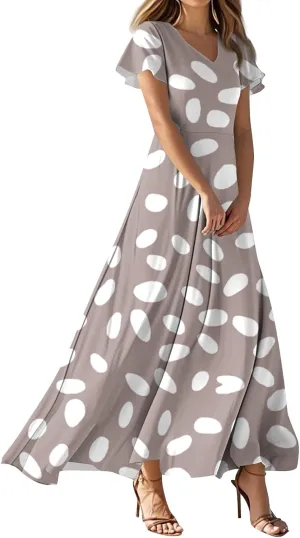 Womens Floral Dress Spring Short Sleeve Flowy High Waist V-Neck Comfy Vacation Belted Maxi Dress