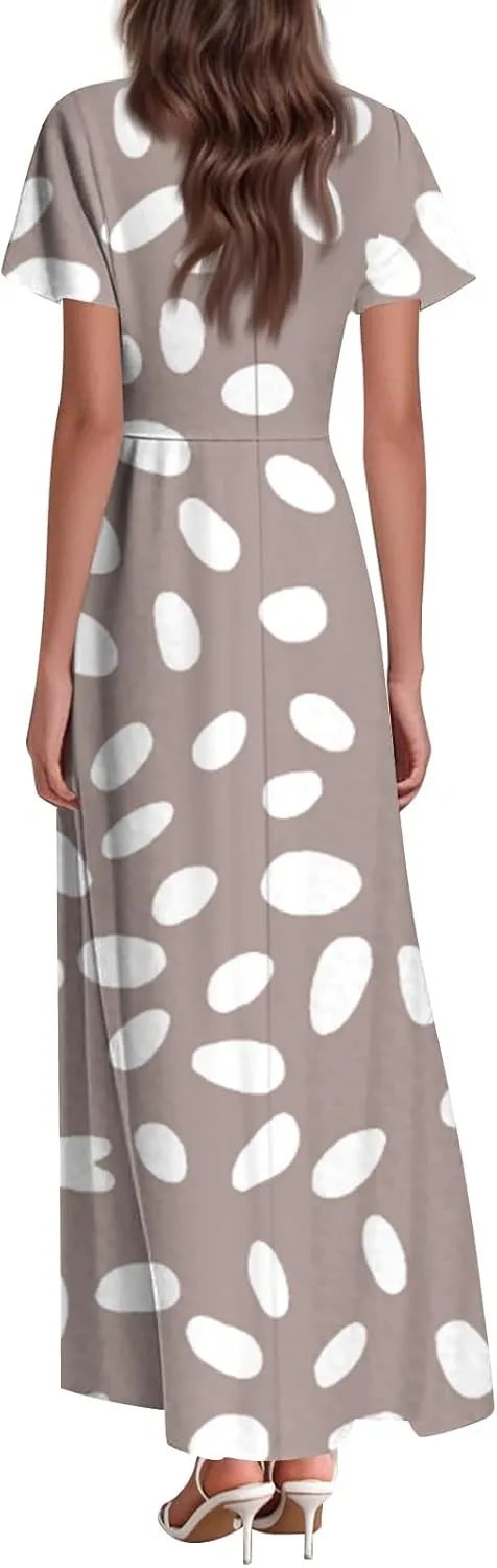 Womens Floral Dress Spring Short Sleeve Flowy High Waist V-Neck Comfy Vacation Belted Maxi Dress