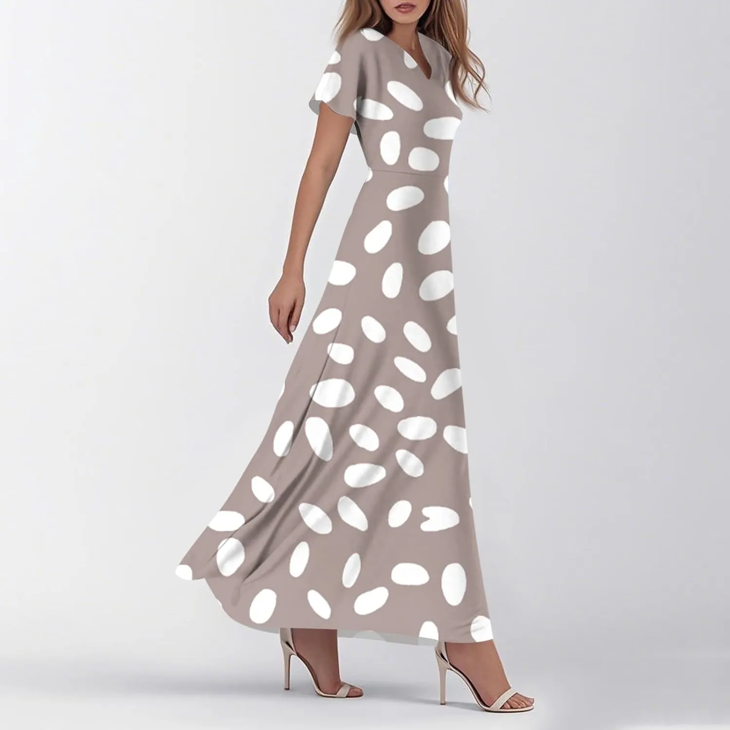 Womens Floral Dress Spring Short Sleeve Flowy High Waist V-Neck Comfy Vacation Belted Maxi Dress
