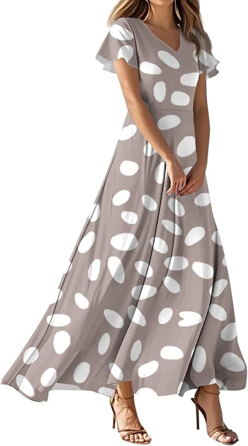 Womens Floral Dress Spring Short Sleeve Flowy High Waist V-Neck Comfy Vacation Belted Maxi Dress