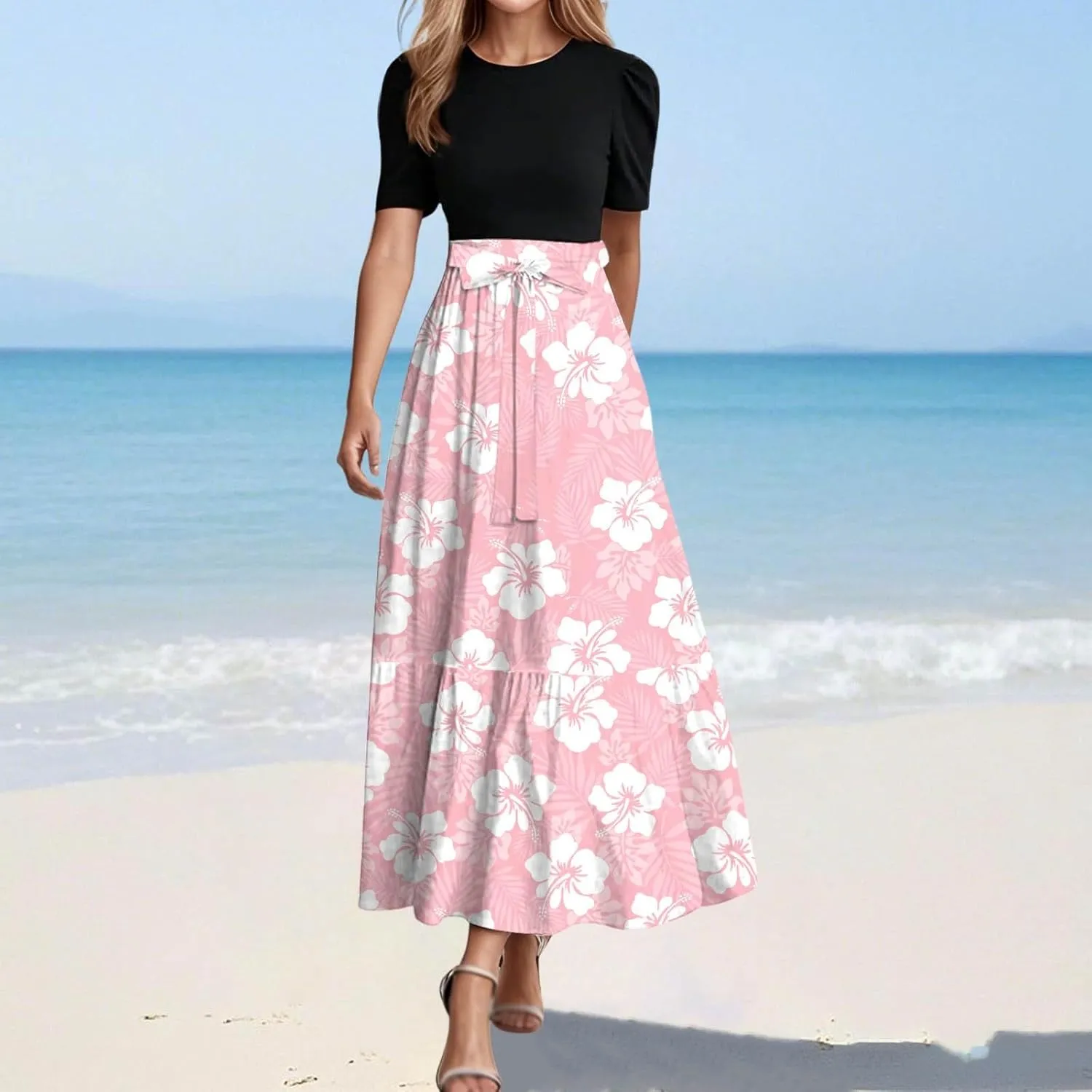 Womens Floral Long Dresses Elegant Tie Belt Patchwork Boho Dress Empire Waist Dress Short Sleeve Flowy Maxi Dresses
