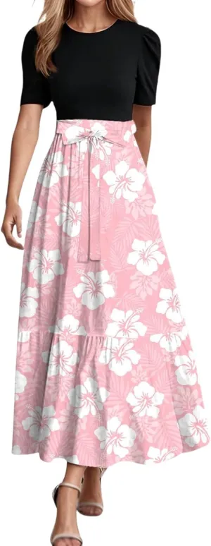 Womens Floral Long Dresses Elegant Tie Belt Patchwork Boho Dress Empire Waist Dress Short Sleeve Flowy Maxi Dresses