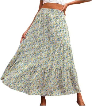 Womens Floral Maxi Skirt Flowy Boho Skirts Summer Floral Printed Skirts A Line Ruffle Skirts High Waist Pleated Skirt