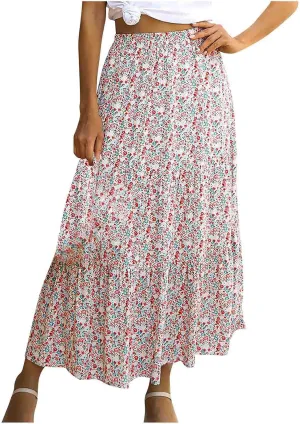 Womens Floral Maxi Skirt Flowy Boho Skirts Summer Floral Printed Skirts A Line Ruffle Skirts High Waist Pleated Skirt