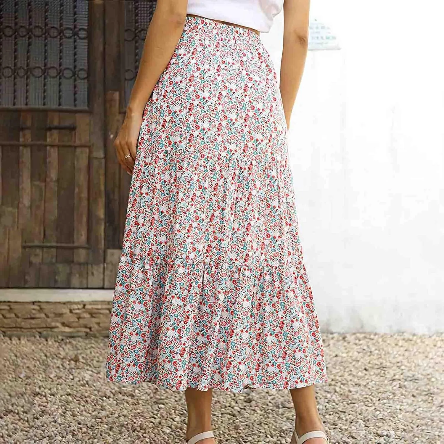 Womens Floral Maxi Skirt Flowy Boho Skirts Summer Floral Printed Skirts A Line Ruffle Skirts High Waist Pleated Skirt