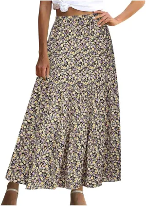 Womens Floral Maxi Skirt Flowy Boho Skirts Summer Floral Printed Skirts A Line Ruffle Skirts High Waist Pleated Skirt