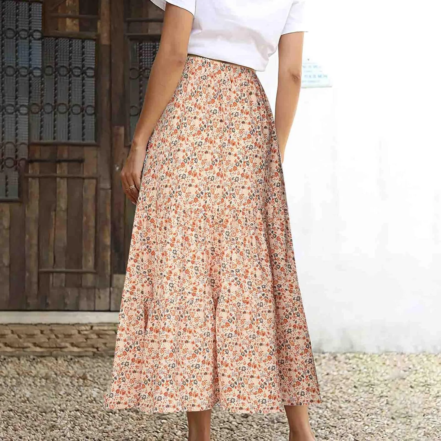 Womens Floral Maxi Skirt Flowy Boho Skirts Summer Floral Printed Skirts A Line Ruffle Skirts High Waist Pleated Skirt
