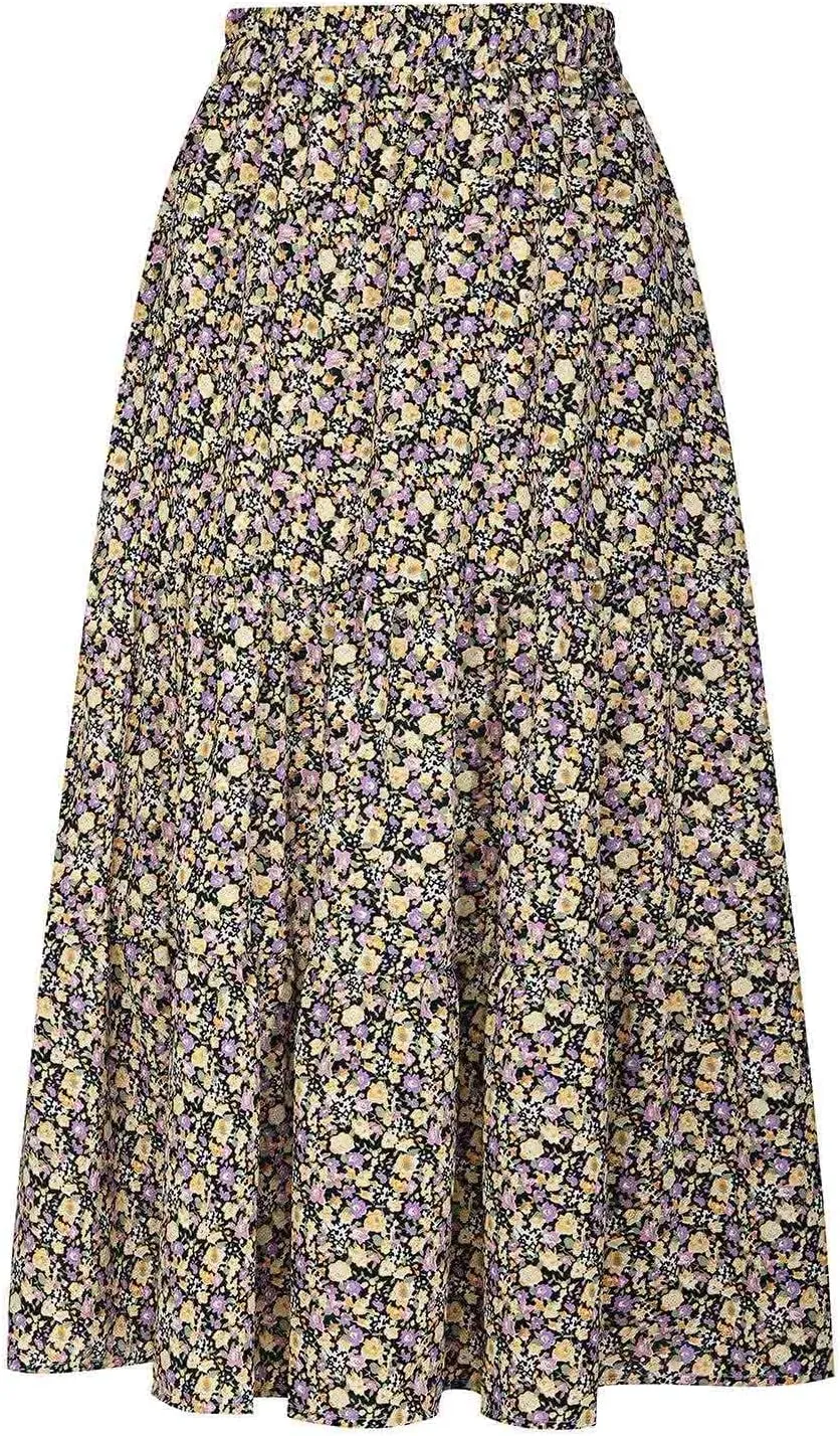 Womens Floral Maxi Skirt Flowy Boho Skirts Summer Floral Printed Skirts A Line Ruffle Skirts High Waist Pleated Skirt