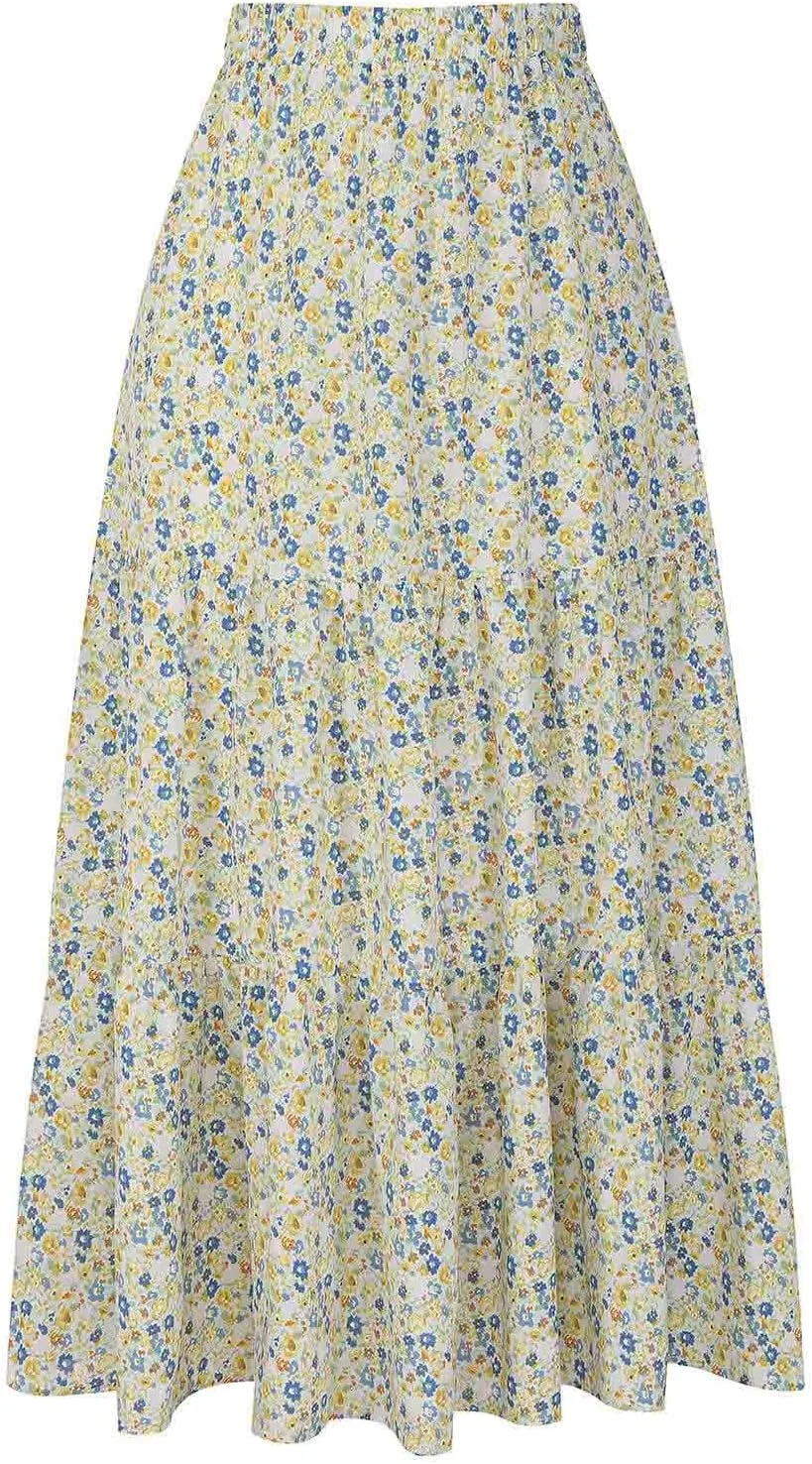 Womens Floral Maxi Skirt Flowy Boho Skirts Summer Floral Printed Skirts A Line Ruffle Skirts High Waist Pleated Skirt